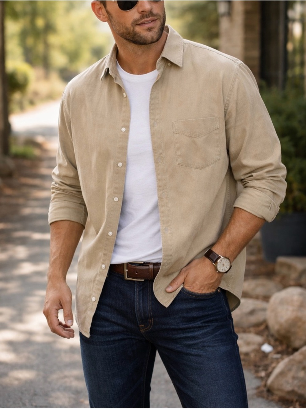 Banana Republic Safari & Travel Shirt Men’s Large Khaki Beige 100% CottonVintage